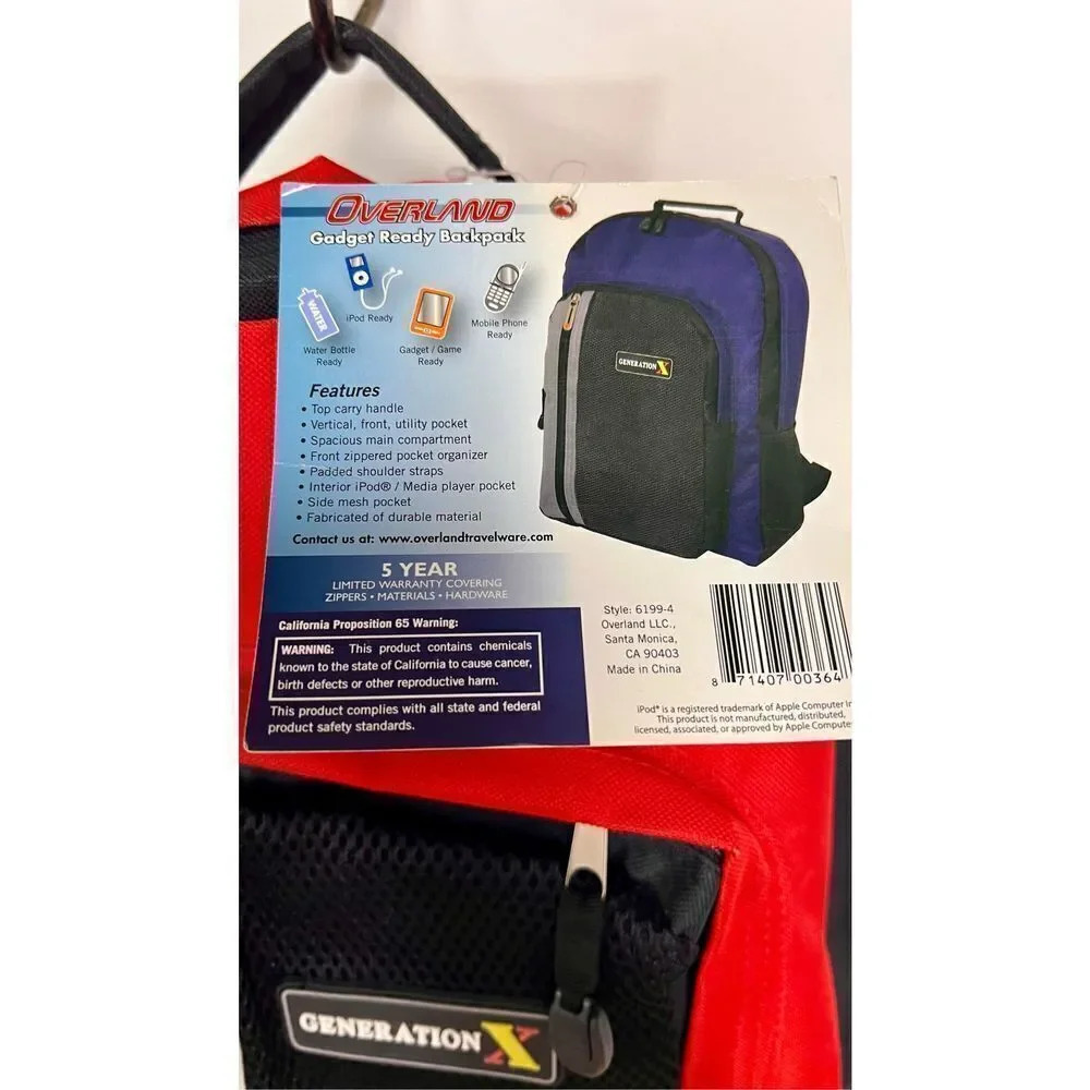 Overland Mens Black & Red Gadget Ready To Go Padded Backpack Generation X Nwt — image 6 of 8